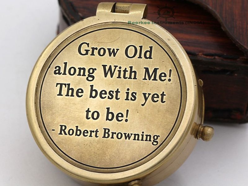 Grow Old Along With Me Engraved Brass Compass with Leather Case | Robert Browning Quote | Romantic Anniversary Gift, Husband Wife Gift, Wedding Gift, Vintage Nautical Compass,