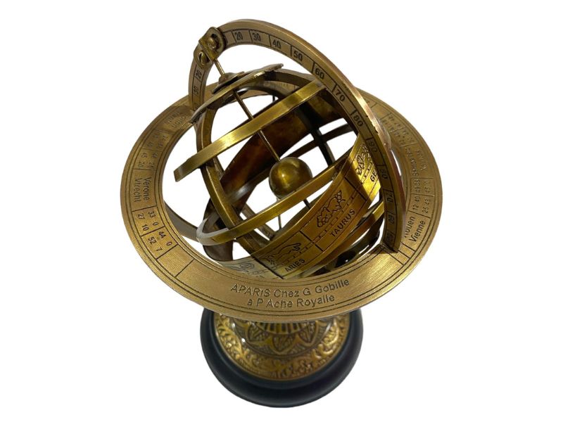 Antique Brass Armillary Sphere Globe with Zodiac Engravings | 8-Inch Celestial Globe Astrolabe | Vintage Nautical Decor with Rosewood Base | Handmade Collectible Gift for Home Office Desk