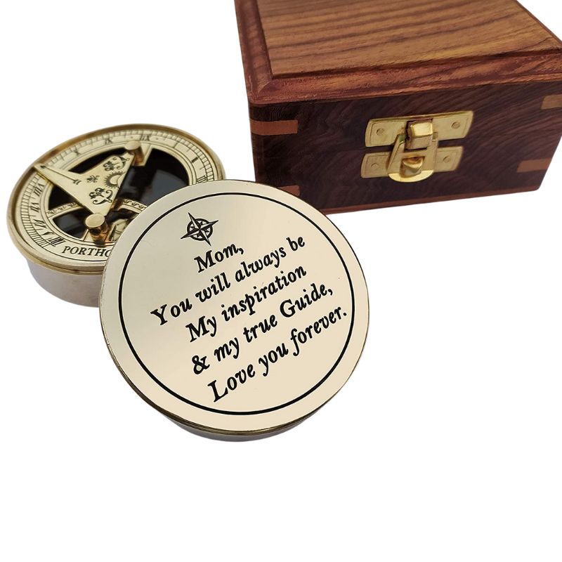 Engraved Brass Sundial Compass with Wood Presentation Box for mom Inspirational & Meaningful Gift for Mom from Son Daughter Birthday Gift