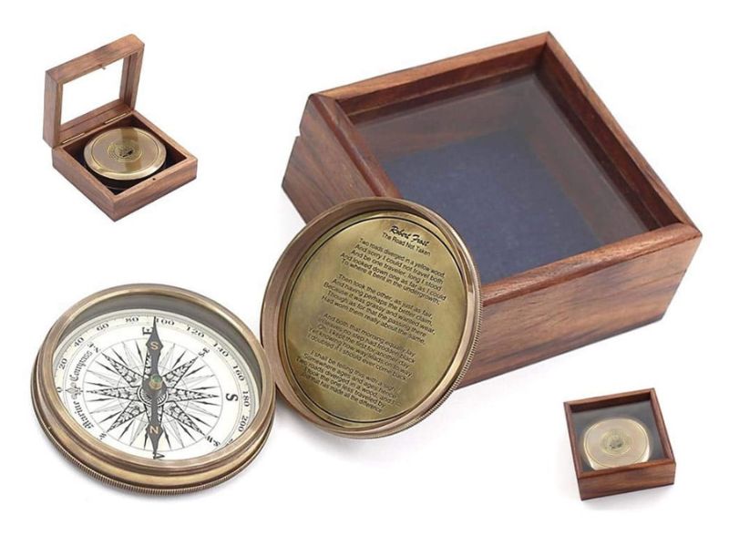 Handmade Brass Compass with “The Road Not Taken” by Robert Frost Engraved – Vintage Adventure Compass with Glass-Top Wooden Box – Inspirational Graduation Gift for Son, Daughter, Traveler