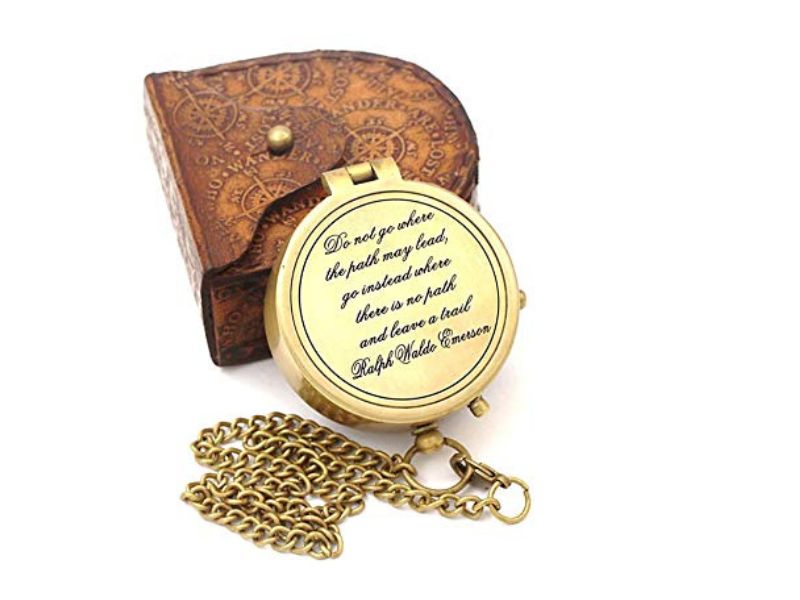 Vintage Brass Pocket Compass with Ralph Waldo Emerson Quote “Do Not Go Where the Path May Lead” – Engraved Inspirational Compass with Chain & Leather Case – Graduation, Travel, Gift for Men & Women
