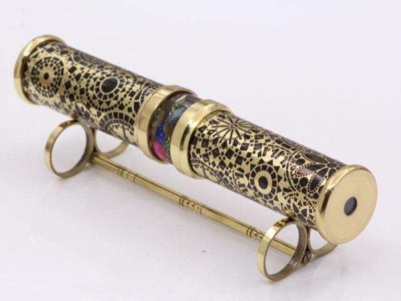 Dual Side Handmade Brass Wedding Kaleidoscope with Intricate Etched Design, Colorful Glass Bead Chamber Decorative Display Stand