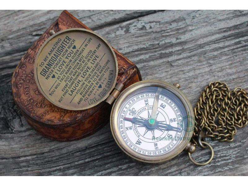 To My Granddaughter Brass Compass – Inspirational Engraved Compass with Leather Case, Vintage Nautical Gift, Graduation, Birthday, or Christmas Keepsake from Grandma