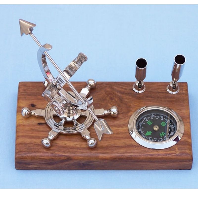 Handmade Brass Armillary Sundial & Compass Desk Organizer with Dual Pen Holders on Wooden Base – Nautical Maritime Office Decor