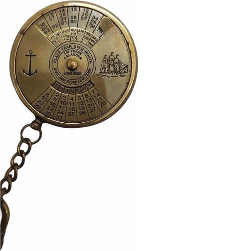  Antique Brass 100 Years ( 2000-2099) Perpetual Calendar Keychain with World Time Small Lovely Gift Keyring Pocket Anchor Lover &amp; Year Calculator Christmas Brown 