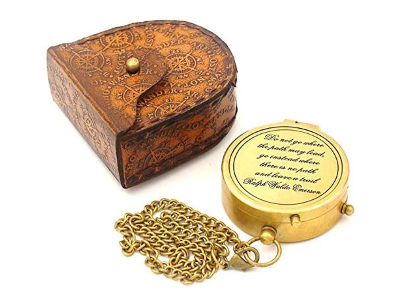 Vintage Brass Pocket Compass with Ralph Waldo Emerson Quote “Do Not Go Where the Path May Lead” – Engraved Inspirational Compass with Chain & Leather Case – Graduation, Travel, Gift for Men & Women