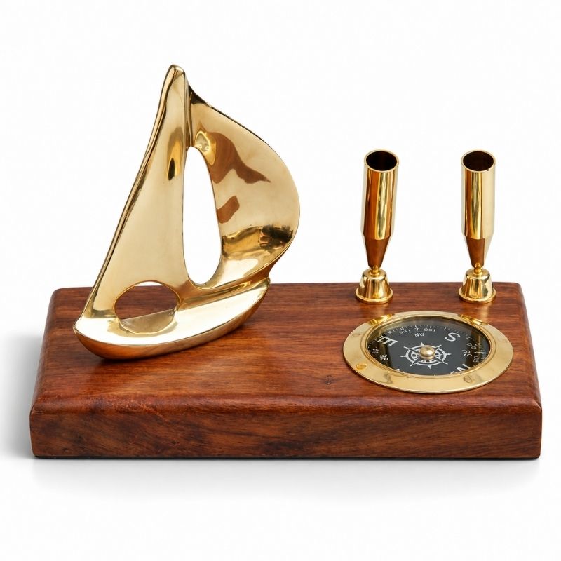 Handcrafted Wooden & Brass Sailboat Desk Organizer with Compass & Dual Pen Holders – Nautical Maritime Office Decor