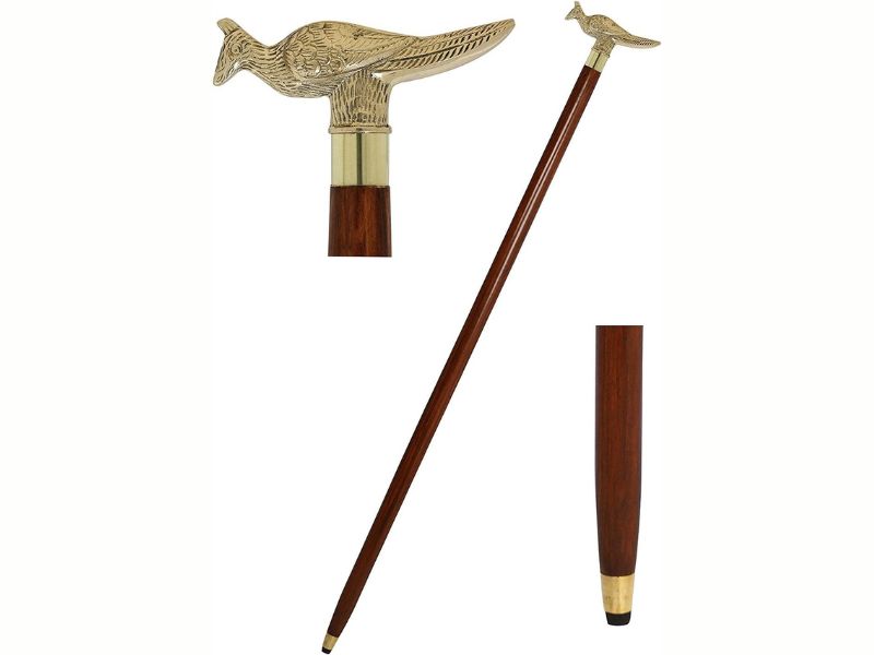 Brass Peacock Handle Wooden Walking Cane – Vintage Style Solid Brass Bird Design Stick – 37 Inch Handmade Walking Stick for Men & Women – Antique Finish Gift Cane with Rosewood Shaft