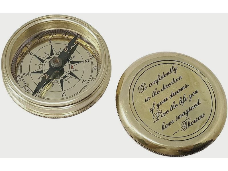 Go Confidently” Quote Brass Compass with Velvet Pouch | Henry David Thoreau Engraved Compass | Inspirational Graduation Gift | Working Directional Pocket Compass for Men, Son, Husband, Traveler