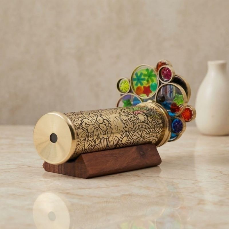 Handcrafted Etched Floral Pattern Lacquered Brass Kaleidoscope Includes Two Separate Turning Wheels-A Perfect Addition to any Collection. (7 x1.5 inch)
