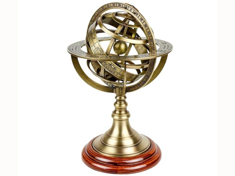 Antique Brass Armillary Sphere Globe 11 Inch | Premium Polished Finish, Wooden Base | Vintage Nautical Celestial Globe Decor | Tarnish Resistant Astronomical Model | Ideal Gift for Home Office Study