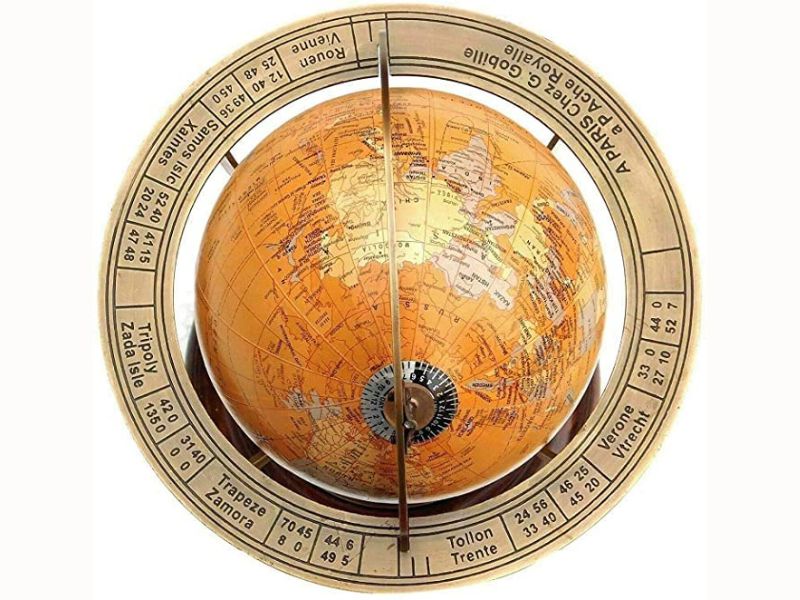 Antique Brass Armillary Sphere Globe | Vintage Nautical Astrolabe Celestial Globe with Wooden Base | Zodiac Engraved Rotating Globe for Home Office Décor | Maritime Collectible Showpiece