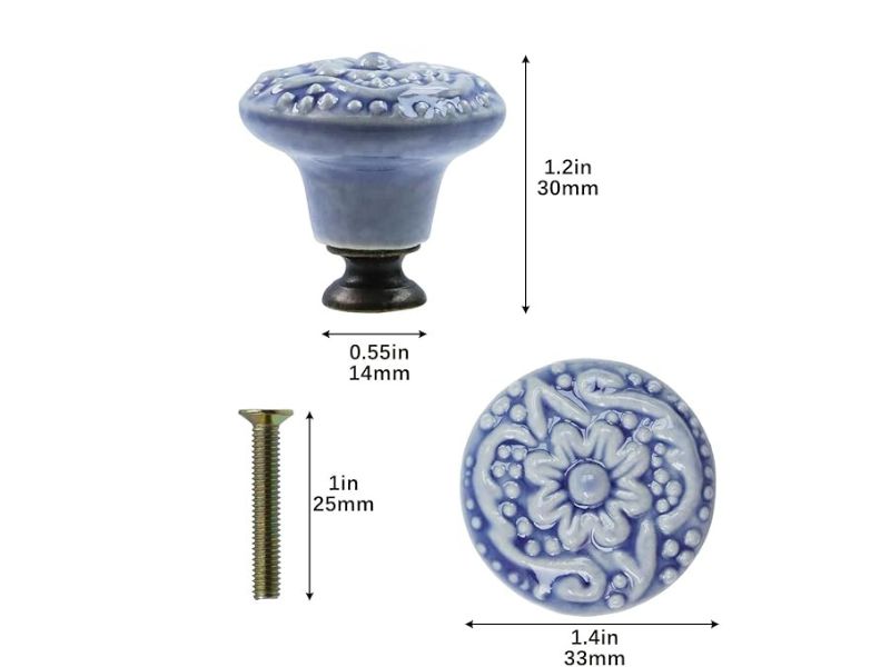 Set of 4 Blue Ceramic Cabinet Knobs – Vintage Round Drawer Pulls with Screws, Handmade Decorative Handles for Kitchen Cabinets, Cupboards, Dressers & Closets – Boho Home Décor