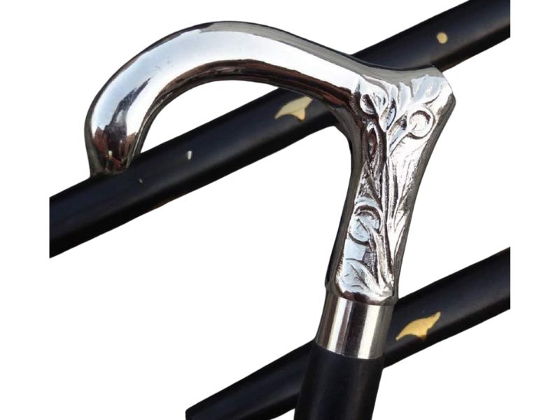 Elegant Brass Chrome Walking Cane with Floral Engraved Handle – Vintage Style Wooden Walking Stick for Men & Women – 37 Inch Collectible Mobility Aid & Gift Accessory