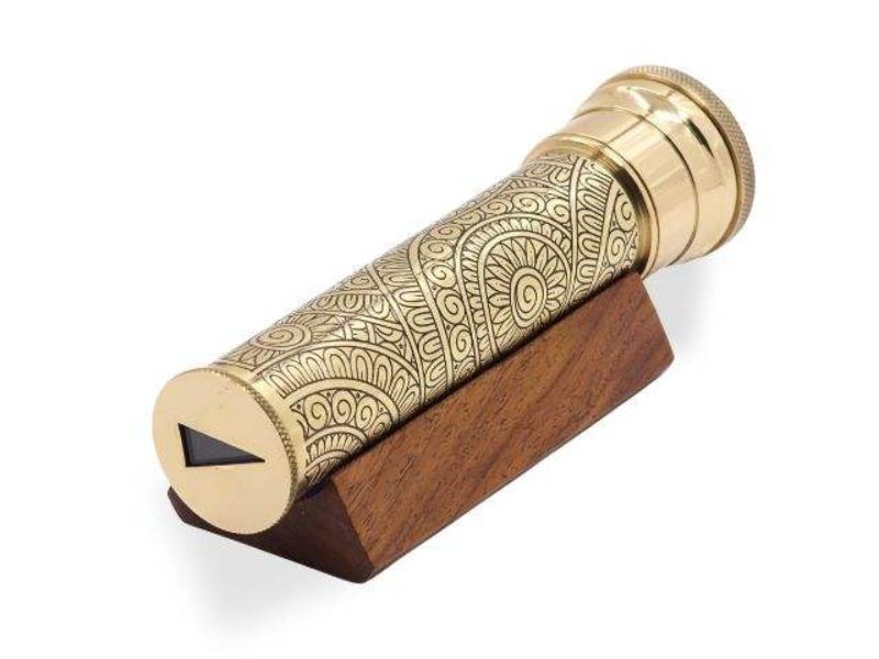 Handmade Etched Brass Kaleidoscope Lampwork Glass Beads Dry Object Chamber with Unique Wooden Display Stand Collectible Gift