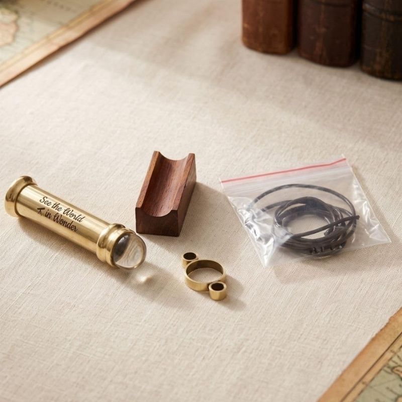 Personalized Mini Kaleidoscope Necklace – Custom Engraved Brass Pendant with Crystal Lens, Leather Cord &amp; Wooden Stand