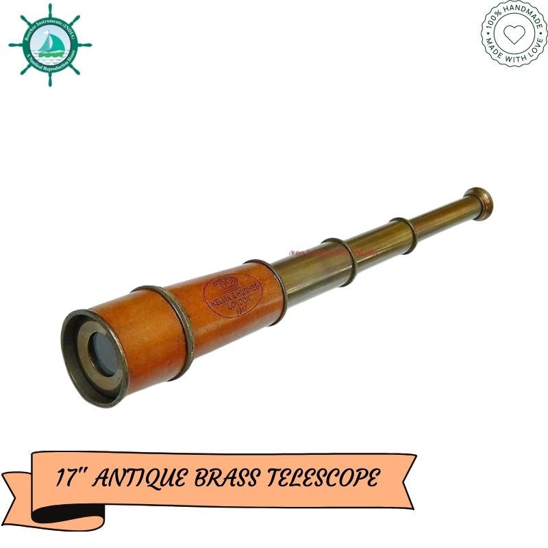 12x Telescope, Kelvin & Hughes London Antique Functional Pirate Monocular Telescope with Wooden Case, Gifting Spyglass for Kids, Travelers, Adventure Enthusiasts, Collectible 17"