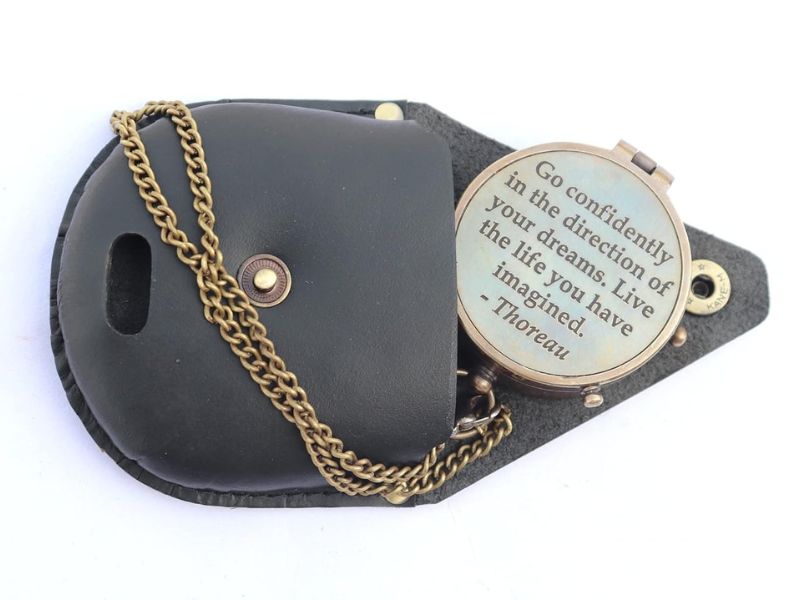 Solid Brass Compass Engraved with Thoreau’s “Go Confidently” Quote | Working Directional Camping Compass with Stamped Leather Case | Adventure, Graduation, Christmas & Anniversary Gift for Him