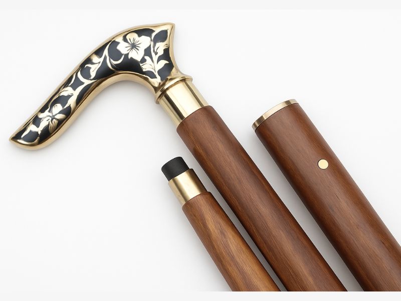 Floral Brass Handle Walking Cane – Handmade Foldable Wooden Walking Stick for Men & Women – Vintage Floral Design Brass Cane with Hardwood Shaft & Rubber Tip – Collectible Gift for Gentlemen