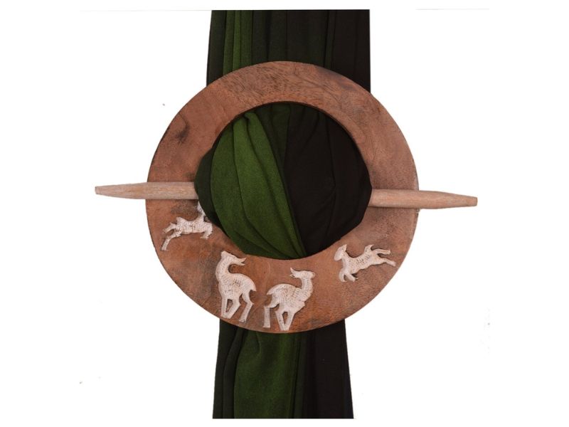 Purpledip Wooden Curtain Holder Tie Back Drape Clips \'Flying Deers\' – Decorative Window Curtain Holdbacks for Living Room, Bedroom, or Office – Handcrafted Wall Hooks (Set of 2)