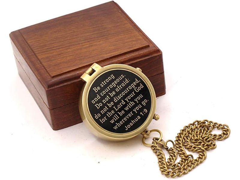 Be Strong and Courageous, Joshua 1:9 – Solid Brass Directional Engraved Compass with Leather Case | Christian Catholic Gift for Boys, Girls, Men | Baptism, First Communion & Confirmation Present