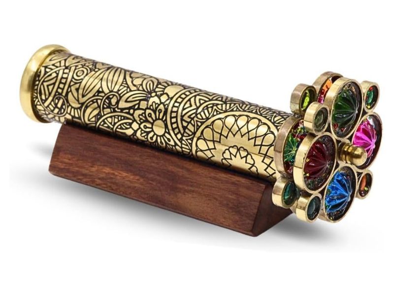 Handcrafted Brass Kaleidoscope with Floral Etched Tube, Two Interchangeable Turning Wheels, Wooden Display Stand – Optical Toy & Decorative Gift for Kids, Adults & Collectors