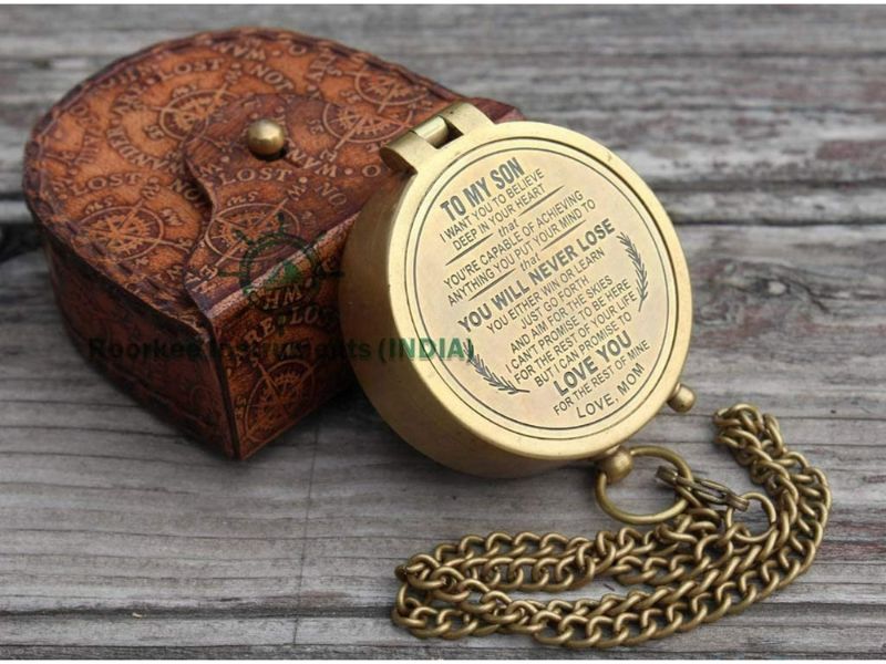 To My Son Compass Gift from Mom – Engraved Inspirational Message “You Will Never Lose” – Solid Brass Compass with Chain & Leather Case – Graduation, Birthday, Christmas, Love Keepsake