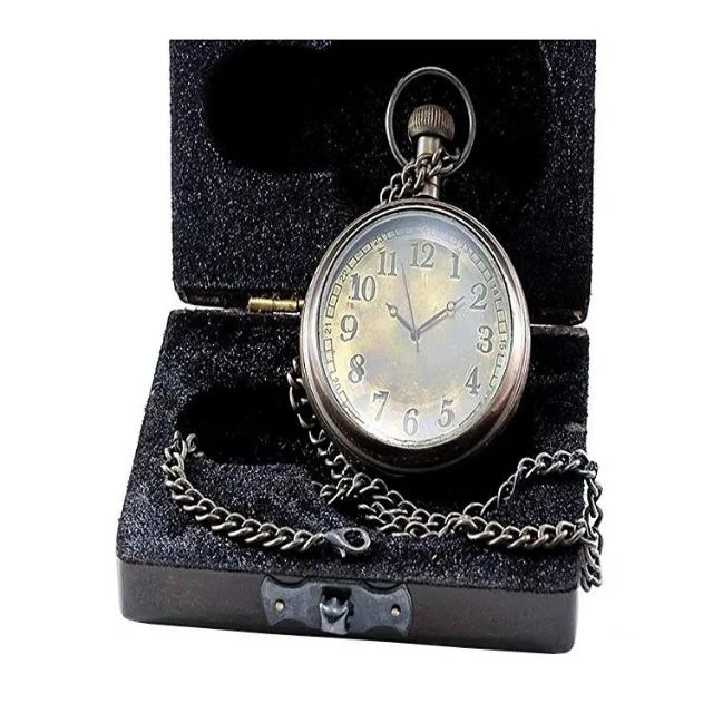 HANDMADE ANTIQUE BRASS NUMERICAL POCKET WATCH WITH WOODEN BOX