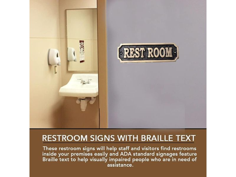 Brass \'\'Rest Room\'\' Sign – Solid Cast Brass Wall Plaque | Vintage Rest Room Door Sign | Handmade Bathroom Decor Plate | Polished Finish | Classic Home, Office, Café, Bar, Restaurant Accessory