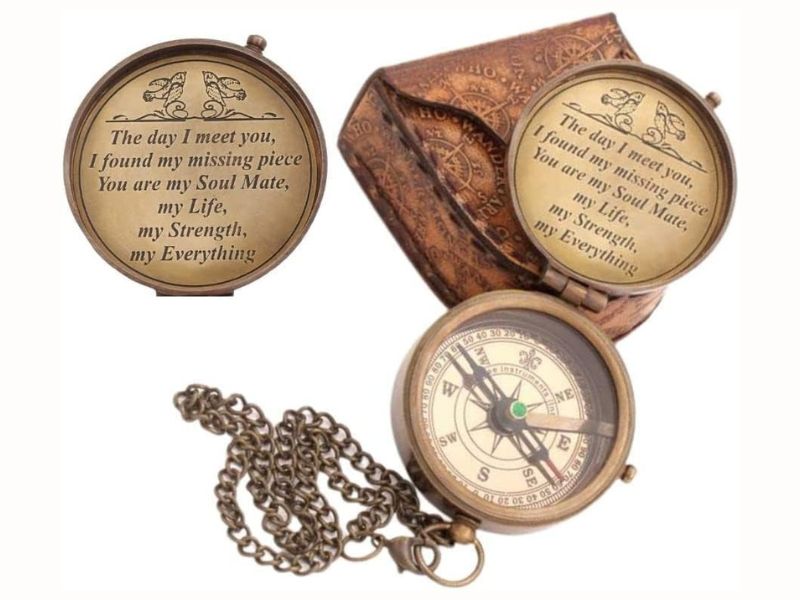 The Day I Met You Compass, Engraved Brass Compass with Leather Case, Soulmate Gift for Husband Wife, Romantic Anniversary Gift, Valentine\'s Day Gift for Him Her, Missing Piece Love Keepsake