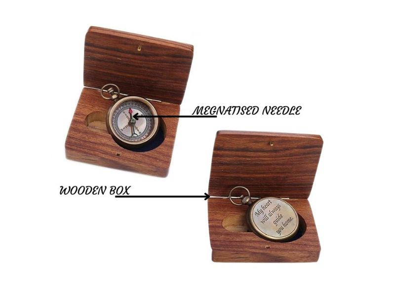 Solid Brass Engraved Compass with Wooden Box – Magnetic Needle, “My Heart Will Always Guide You Home” Quote – Vintage Navigation Gift for Son, Husband, or Traveler
