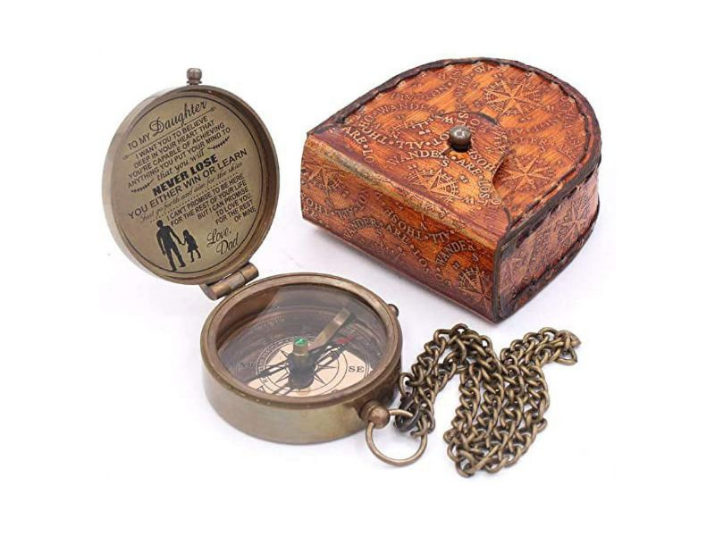 To My Daughter Compass from Dad with Leather Case – Solid Brass Engraved Compass “Never Lose, You Either Win or Learn” – Inspirational Quote Gift for Graduation, Birthday, Christmas, Keepsake from Father