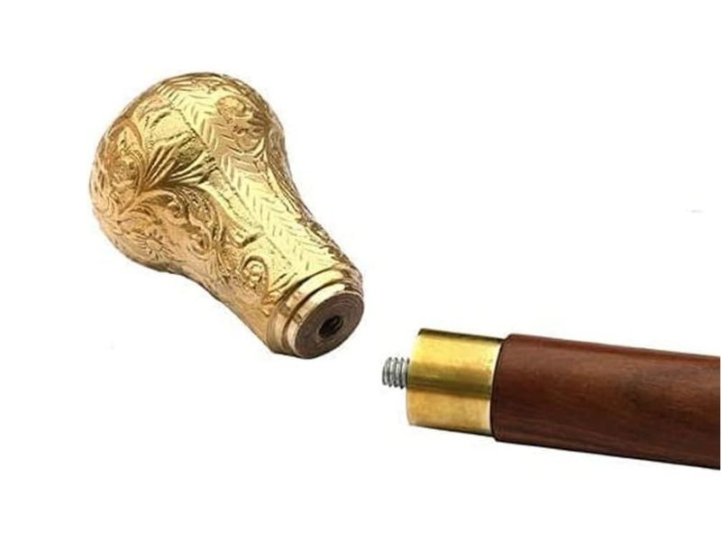 Brass Embossed Walking Cane – Floral Handle Wooden Stick for Men & Women, 37 Inch Foldable Brown Shaft, Vintage Style Decorative Walking Stick, Gift for Gentlemen, Seniors & Collectors