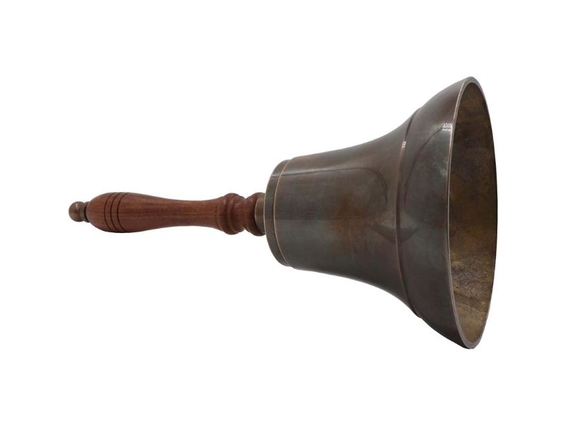 Large & Heavy Solid Brass Hand Bell  Antique Finish Loud Call Bell for School, Wedding, Reception, Christmas & Church – Handmade Polished Brass Bell with Wooden Handle by Roorkee Instruments India