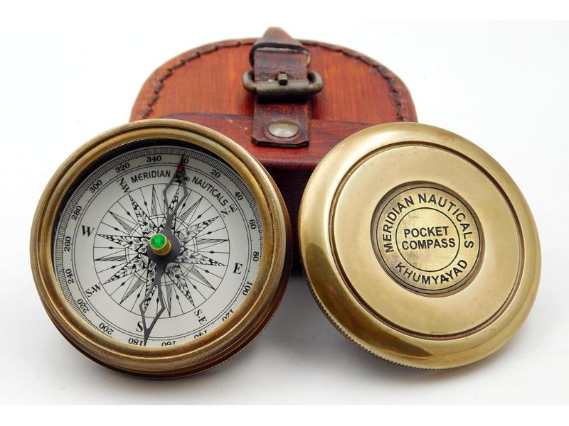 Brass Handmade Fully Functional Compass with Leather Case | Robert Frost “The Road Not Taken” Poem Engraved | Vintage Nautical Pocket Compass Gift for Son, Husband, Traveler, or Collector