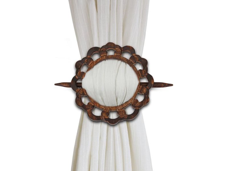 Handcrafted Wooden Curtain Tieback Holders with Stick | Vintage Floral Carved Design | Decorative Drape Holders for Living Room, Bedroom & Home Décor | Boho Window Accessories (Set of 2)