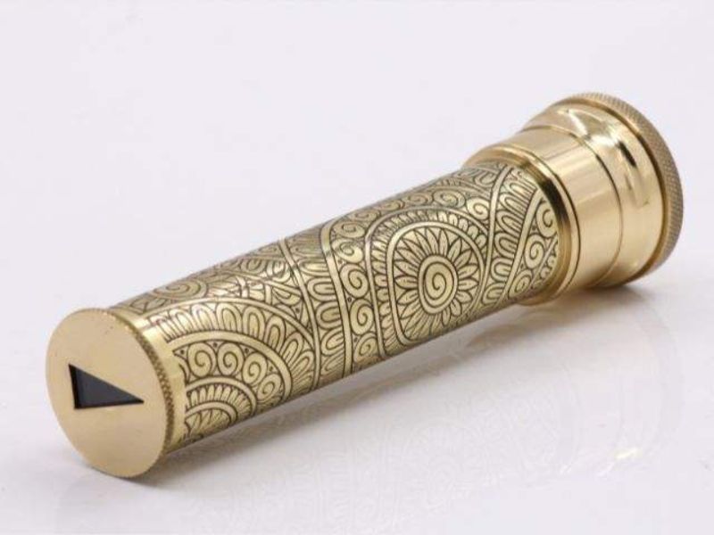 Handmade Etched Brass Kaleidoscope Lampwork Glass Beads Dry Object Chamber with Unique Wooden Display Stand Collectible Gift