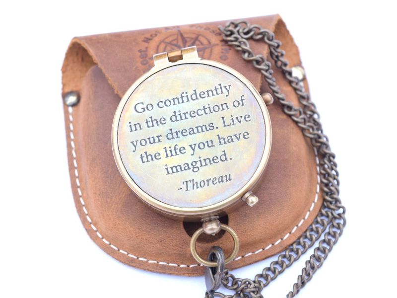 Thoreau’s “Go Confidently” Engraved Brass Compass with Stamped Leather Case | Inspirational Quote Compass | Graduation Gift for Him, Son, Husband | Motivational Adventure Gift