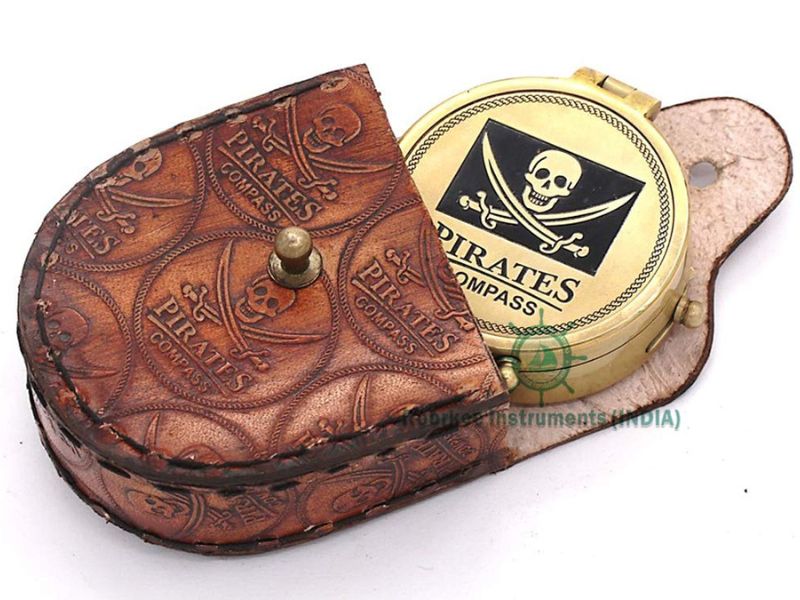 Solid Brass Pirate Compass with Stamped Leather Case – Handcrafted Nautical Vintage Compass for Adventure Lovers, Gift for Men, Boys, Travelers, and Collectors – Maritime Pirate Navigation Gift