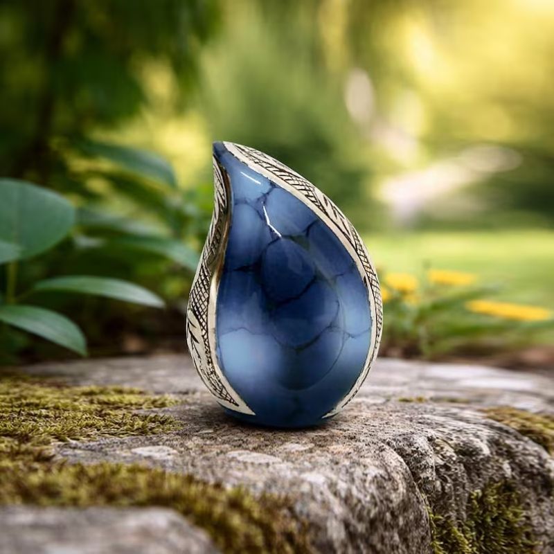 Esoteric Blue urn, engraved flower design small keepsake Teardrop Human Cremation Urn for Ashes.