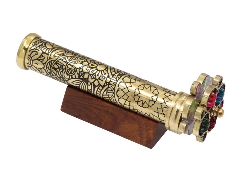 Handcrafted Brass Kaleidoscope with Floral Etched Tube, Two Interchangeable Turning Wheels, Wooden Display Stand – Optical Toy & Decorative Gift for Kids, Adults & Collectors