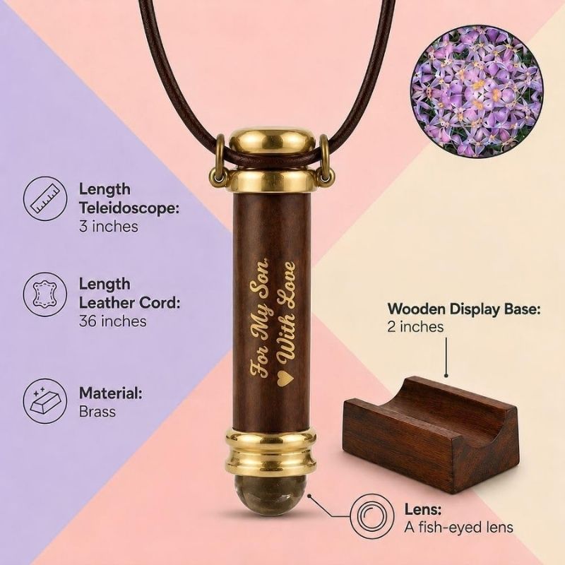 Personalized Mini Kaleidoscope Necklace – Custom Engraved Brass Pendant with Crystal Lens, Leather Cord &amp; Wooden Stand