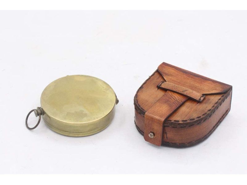 Antique Brass Sundial Compass with Leather Case | Working Nautical Pocket Compass | Vintage Maritime Instrument | Collectible Gift for Men, Explorer, Traveler, Outdoor Décor