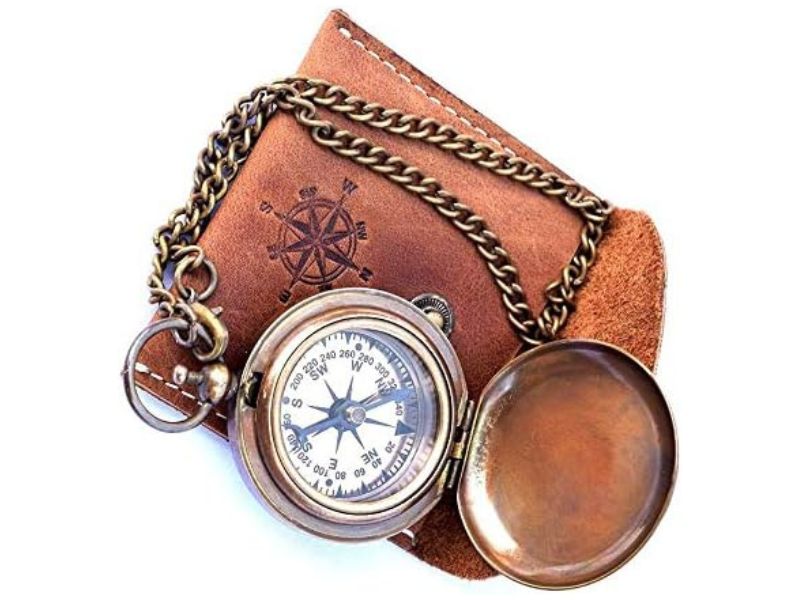 Handmade Nautical Brass Push Button Compass with Chain & Leather Case – Vintage Pocket Compass for Men Women, Maritime Navigation Compass Gift for Traveler, Hiker, Sailor, Anniversary Gift