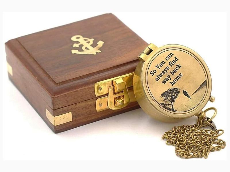 So You Can Always Find Your Way Back Home Brass Compass with Wooden Box – Vintage Nautical Gift for Husband, Boyfriend, Son, Graduation, Adventure Keepsake Compass