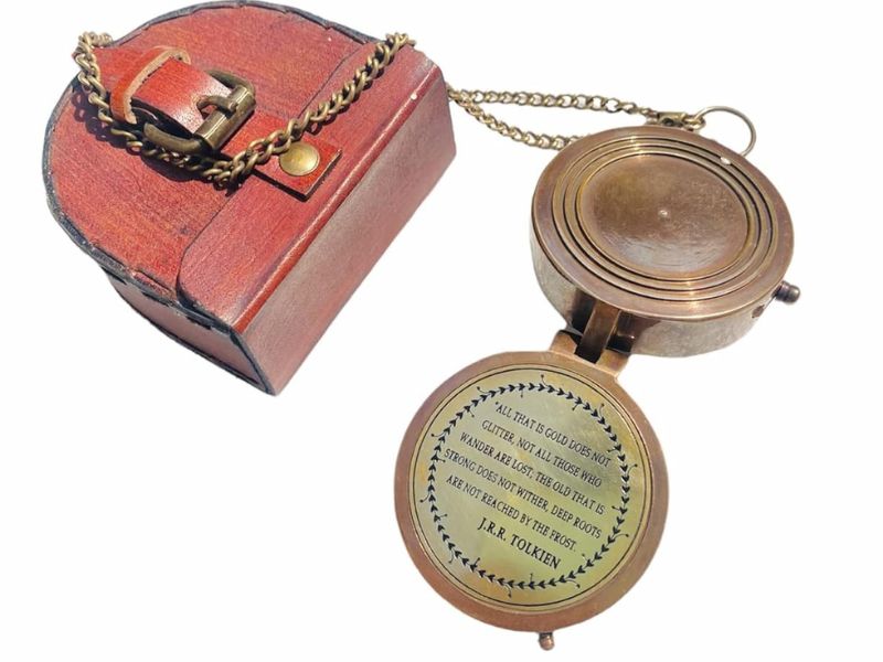Antique Brass Compass with Wooden Box – “Not All Those Who Wander Are Lost” Engraved by J.R.R. Tolkien | Vintage Nautical Pocket Compass with Chain | Inspirational Gift for Men, Women, Travelers