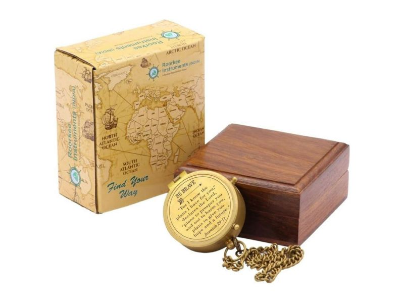 Be Brave Compass, Jeremiah 29:11, “For I Know The Plans I Have For You” Scripture Engraved Solid Brass Compass with Wooden Box – Christian Baptism, Confirmation, Graduation Gift for Boys, Girls, Men, Women