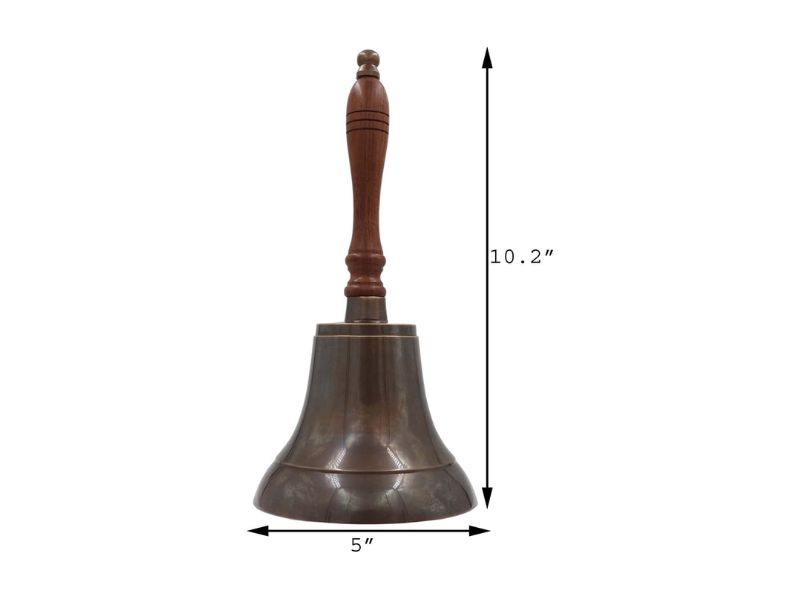 Large & Heavy Solid Brass Hand Bell  Antique Finish Loud Call Bell for School, Wedding, Reception, Christmas & Church – Handmade Polished Brass Bell with Wooden Handle by Roorkee Instruments India