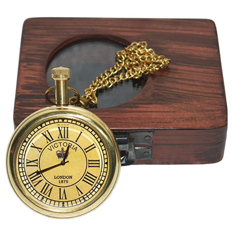 Handmade Crown Shiny Brass Pocket Watch with Wooden box