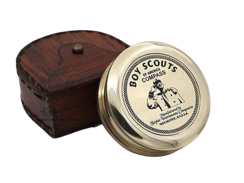 Boy Scouts of America Brass Compass with Leather Case – Vintage Scouting Collectible Gift, Antique Pocket Compass for Camping, Hiking, Outdoor Adventure, Scout Memorabilia, Navigation Gift